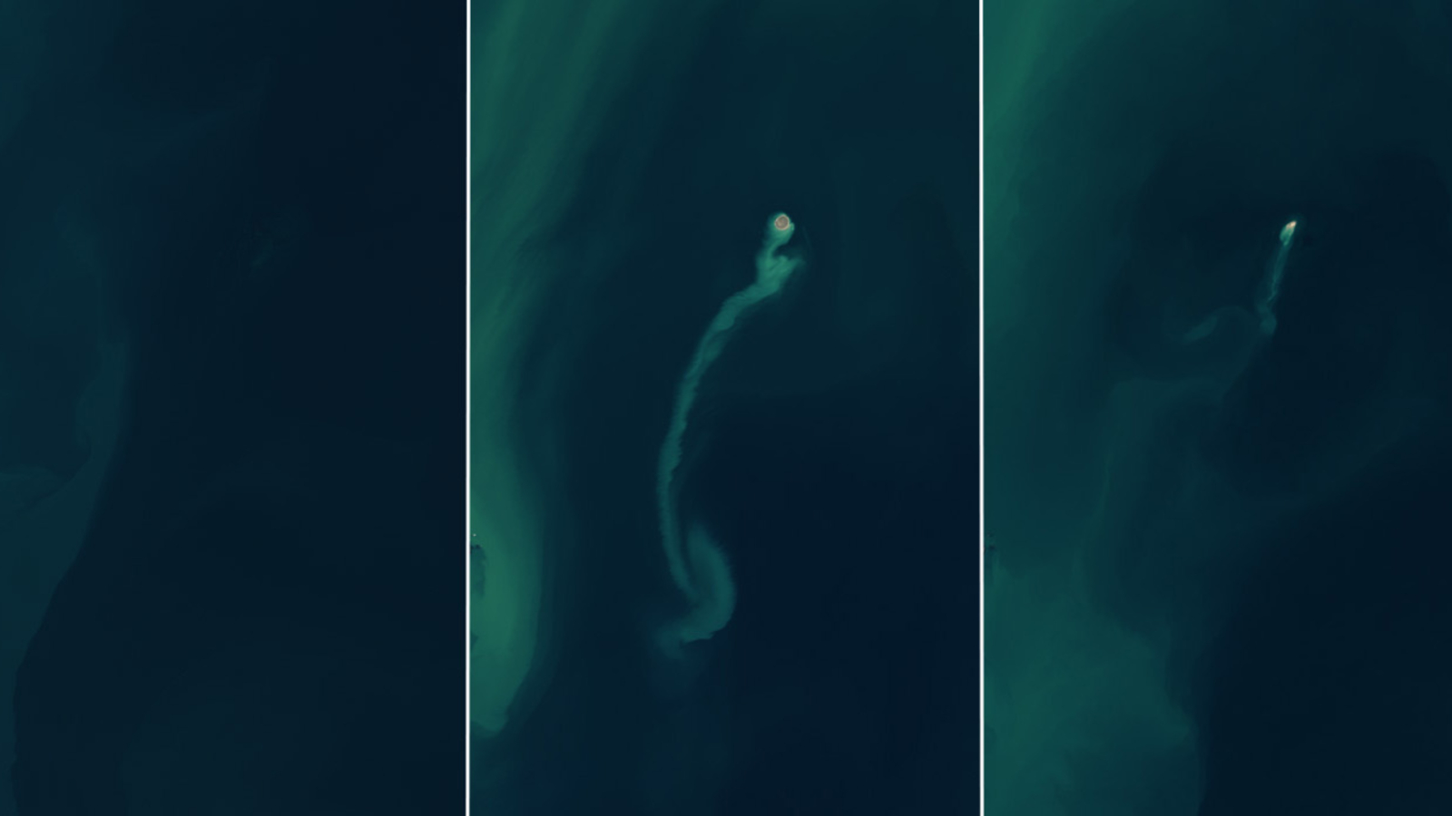 Side-by-side satellite photos showing the emergence and disappearance of a small island in the ocean