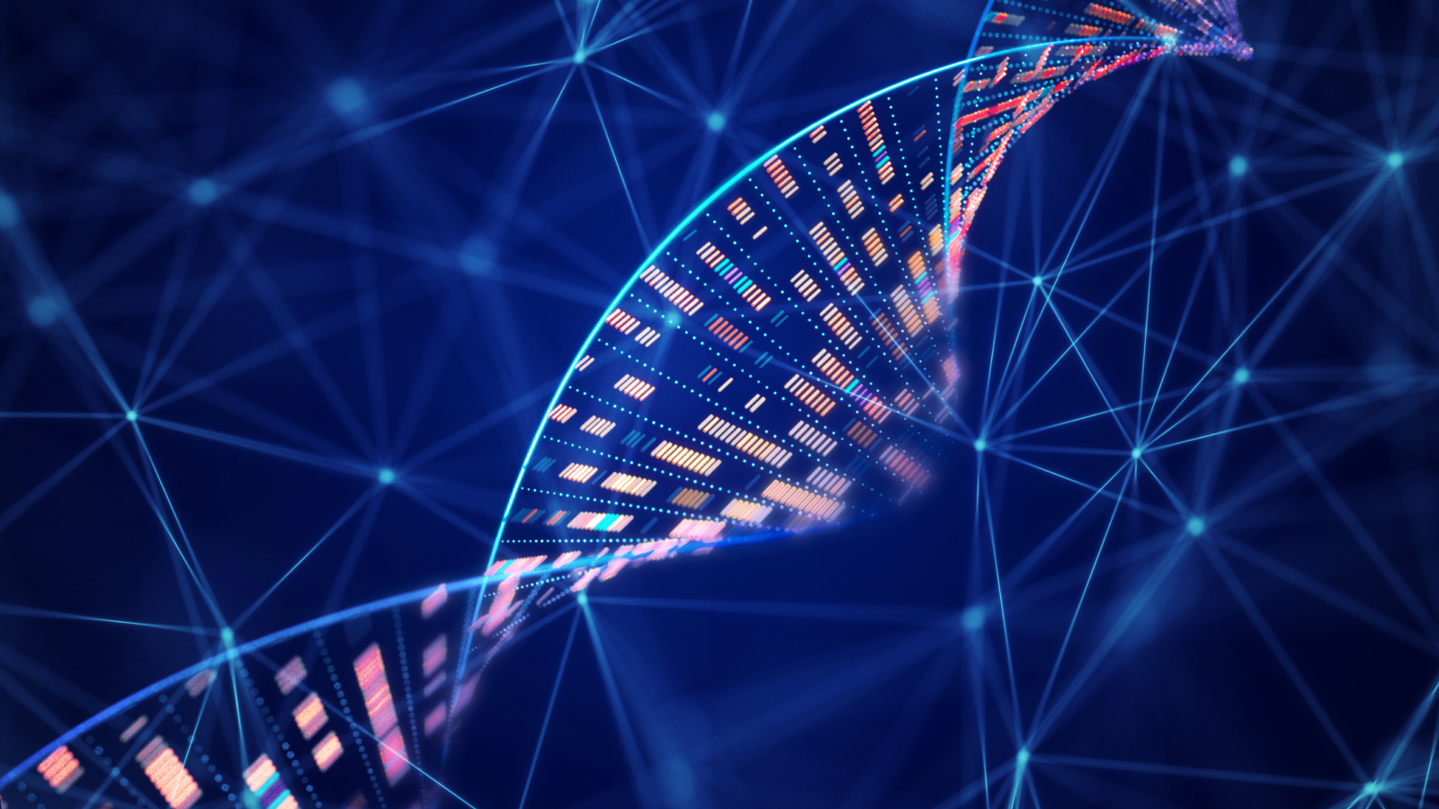 DNA molecular structure with sequencing data of human genome analysis and wire mesh network.