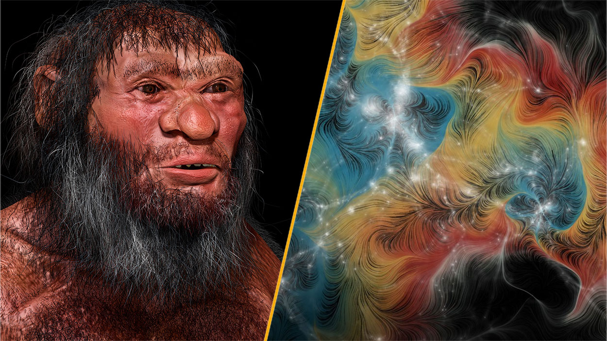 A two-paneled image. On the left, a reconstruction of a Denisovan man. On the right, a visualization of swirling rainbow matter in outer space.