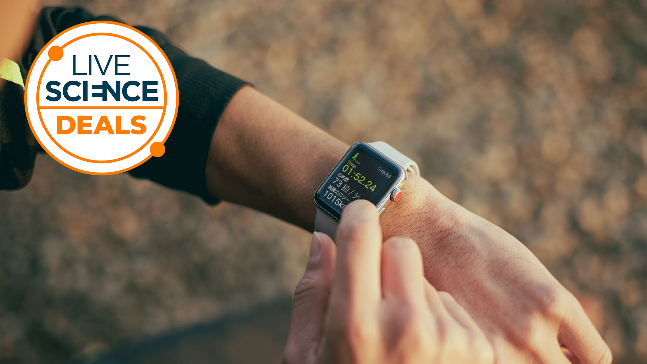 A Live Science deals logo and a close-up picture of a man checking his fitness tracker during a workout