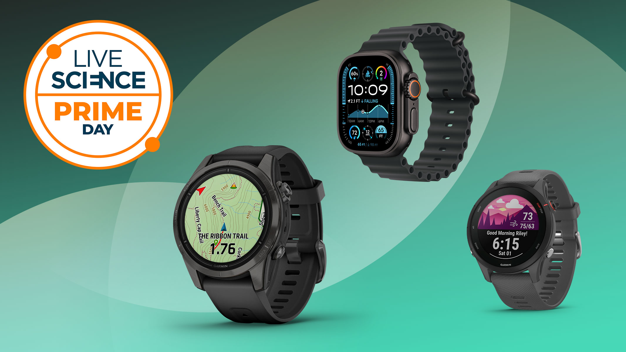 A Live Science Prime Day logo and a selection of rugged GPS smartwatches on a green background