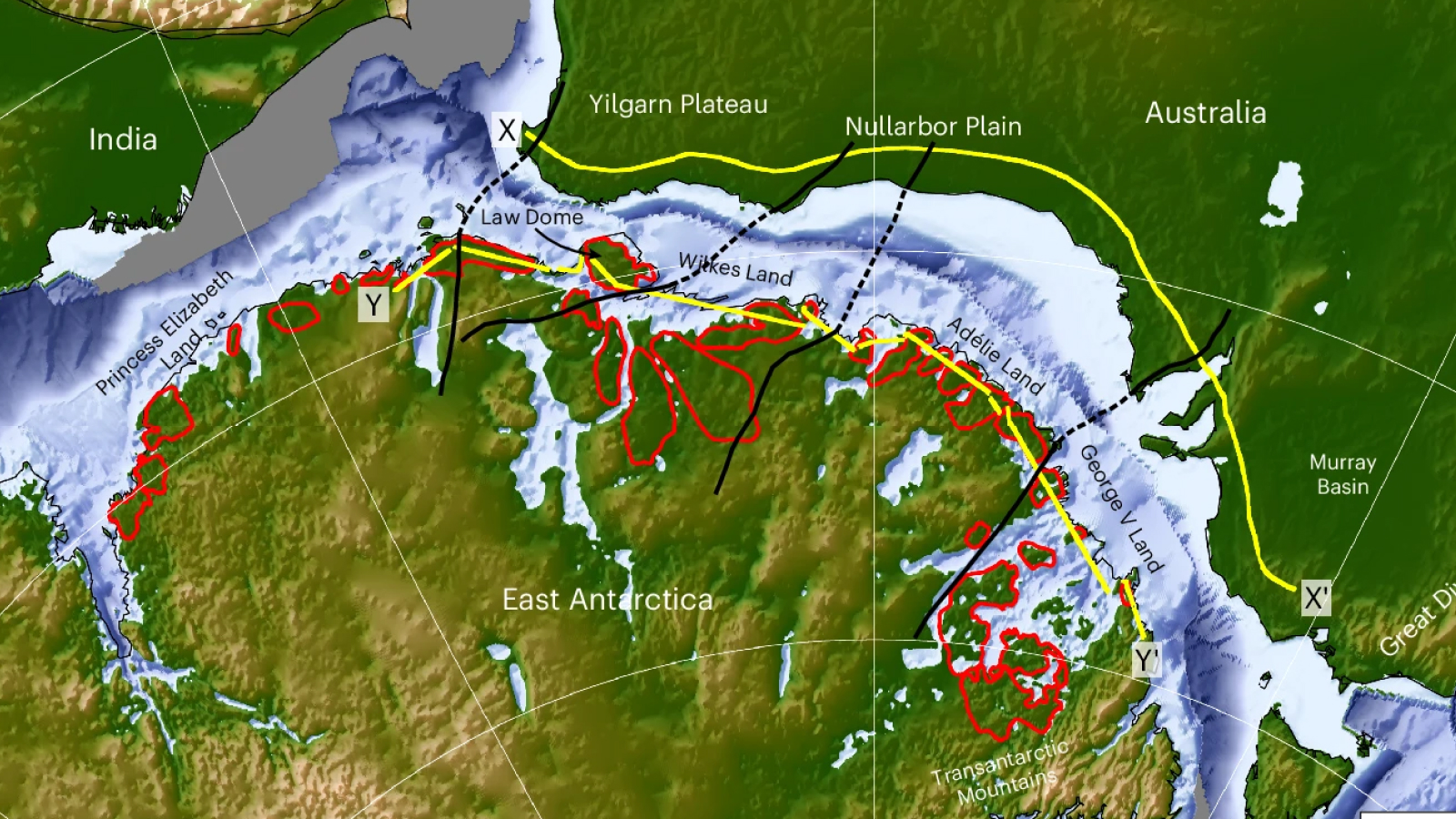 Configuration of East Antarctica, Australia, and India prior to continental break-up. Red outlines show the flat surfaces mapped in this study.