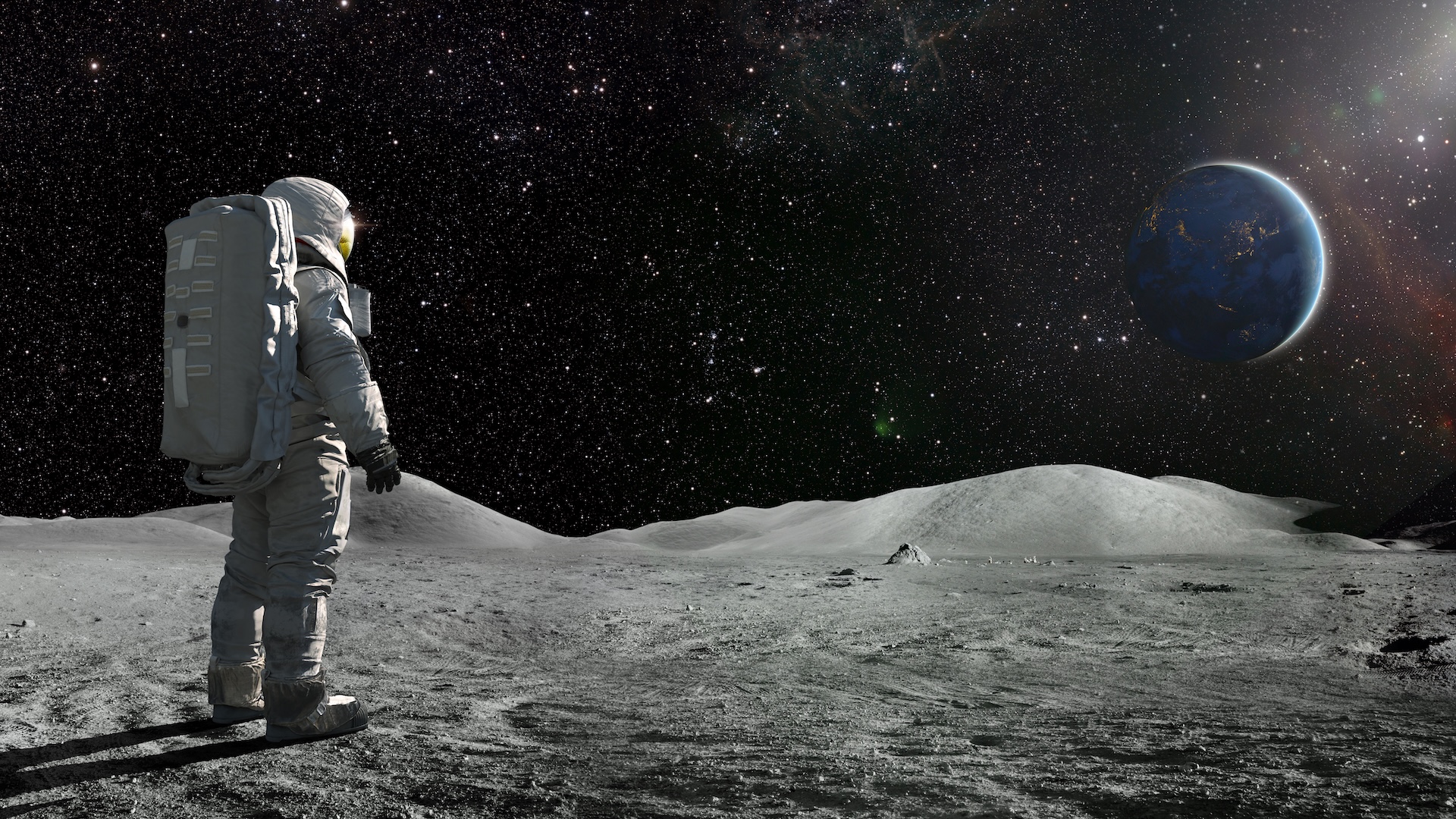an illustration of an astronaut standing on the surface of the moon looking at Earth