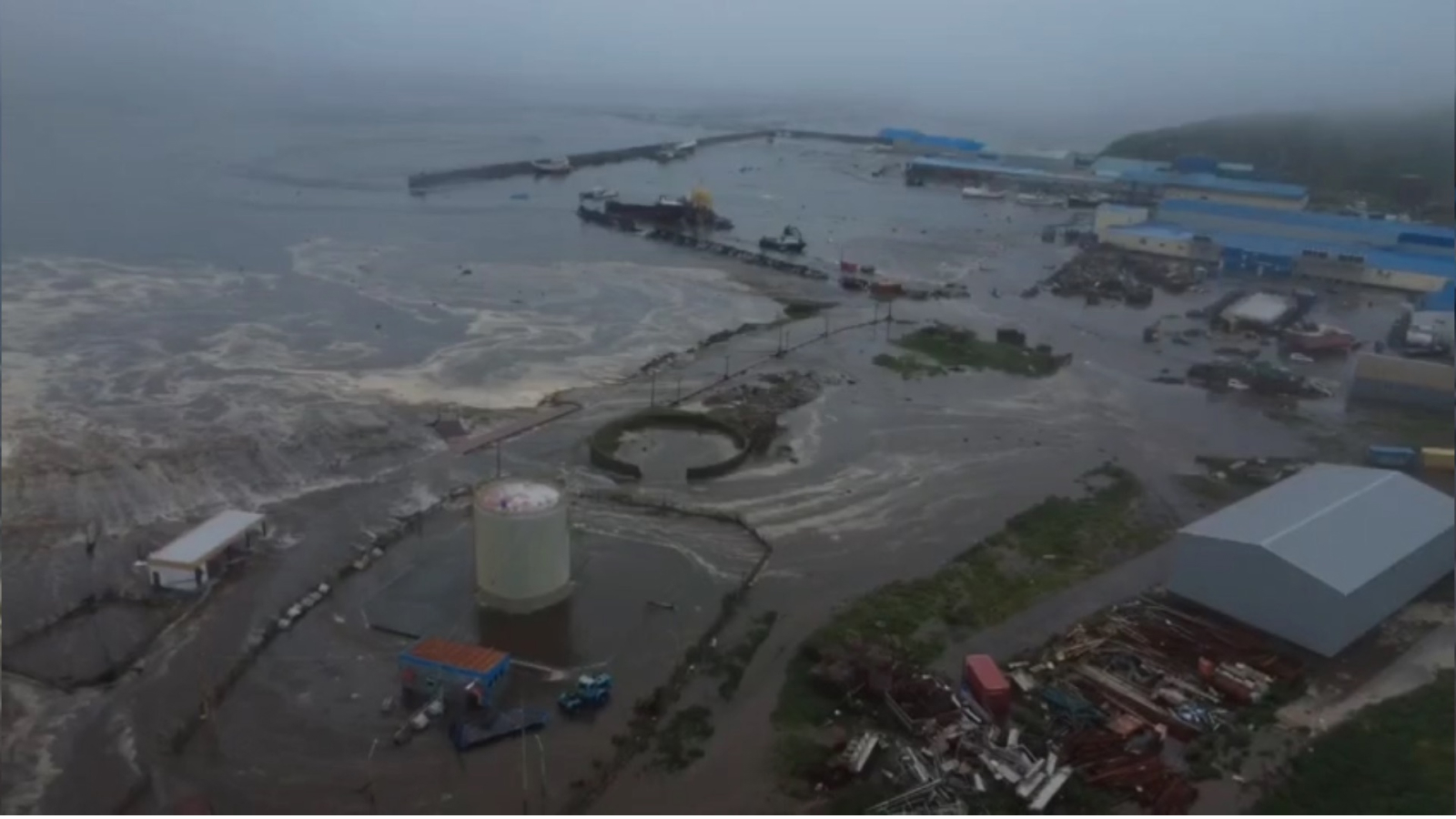 An aerial view of the city of Severo-Kurilsk flooded due to tsunami triggered by the 8.8 magnitude earthquake struck off Russia's Kamchatka Peninsula on July 30, 2025.