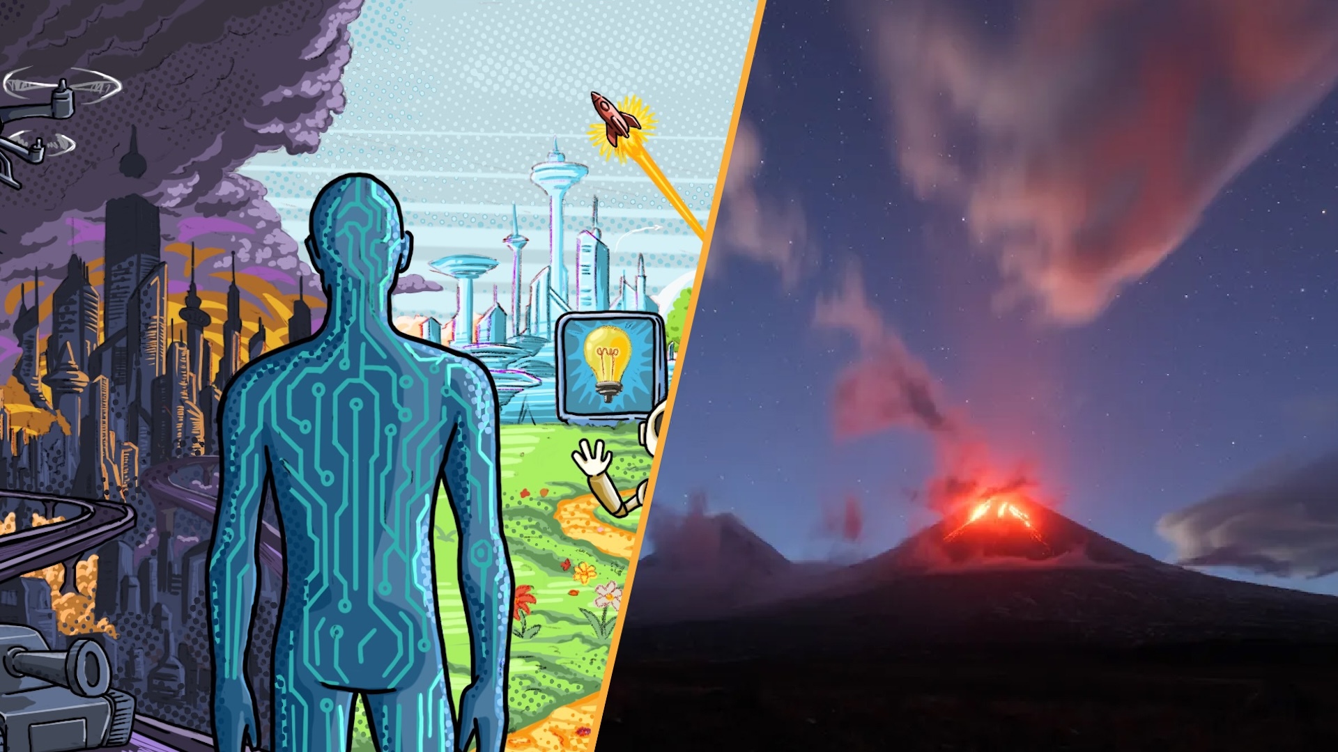 A split image of an AI future and Klyuchevskoy volcano erupting. 