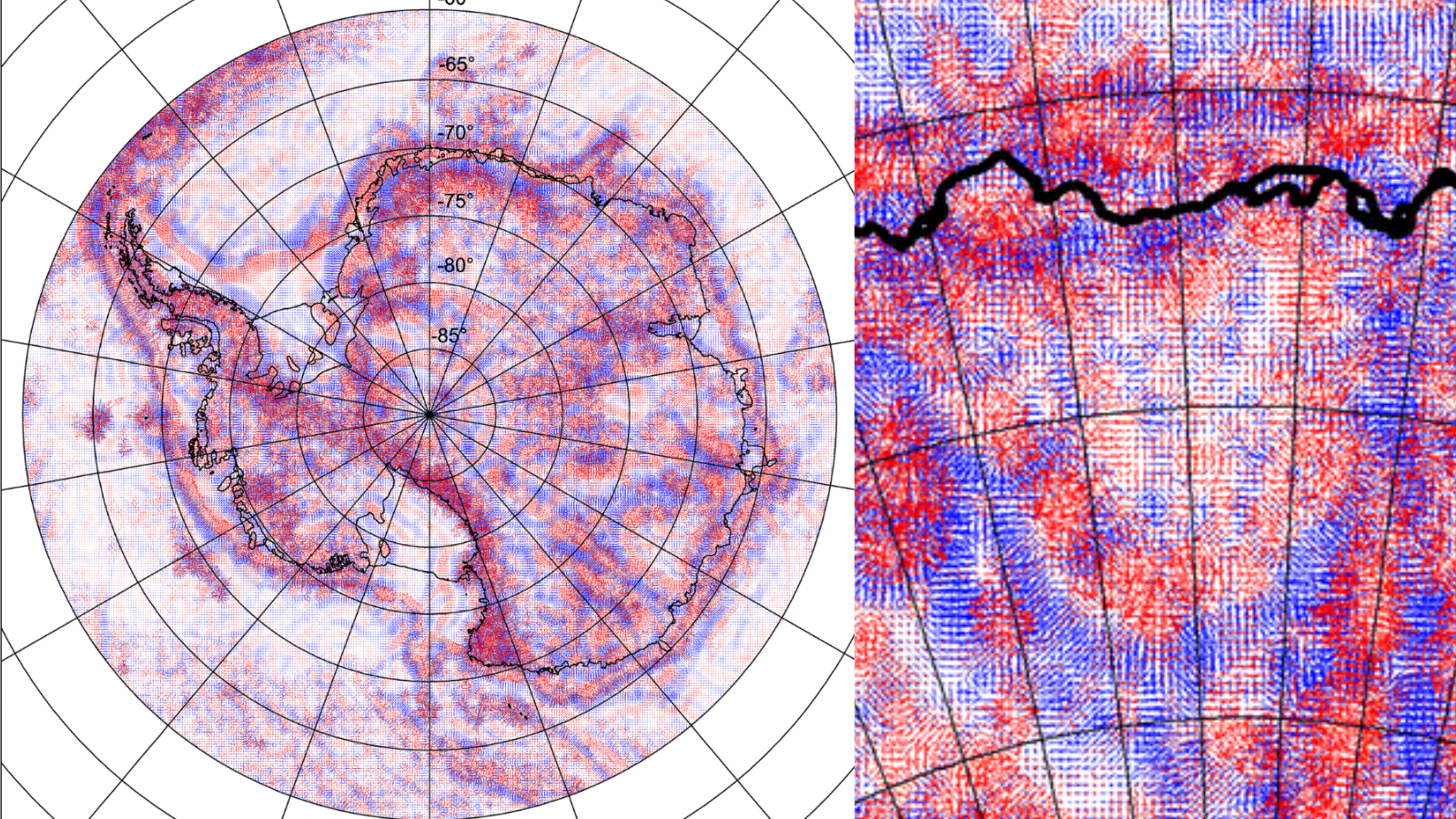 Map of Antarctica showing virtual deformation values. The Wilkes Land anomaly is clearly visible in the bottom right corner of the map.