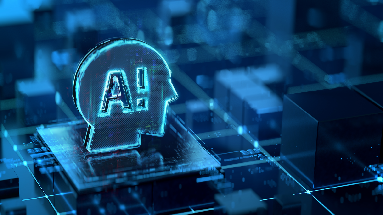 Artificial intelligence represented with digital circuits and advanced algorithms in a high-tech setting, showcasing modern technological advancements and innovation.